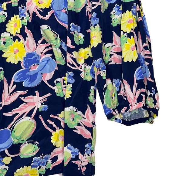 Talbots Top Womens Large Black Yellow Blue Long Sleeve Split Neck Pullover Flora - Picture 4 of 10